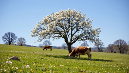 cow grazing under blooming tree in spring meadow, peaceful coexistence of life cycles