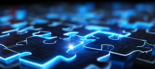 Glowing Digital Puzzle Pieces Interlocking, Forming Futuristic Blue Abstract Background