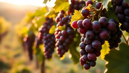 Macro Shot of Dewy Purple Grapes on Vine