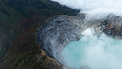 aerial view of the interior of a volcano crater, with a lake of sulphur. Java, Indonesia - 19th March 2025