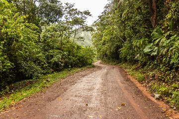 Unpaved 5NA road between Codo de Pozuzo and Pozuzo in Pozuzo river valley, Peru
