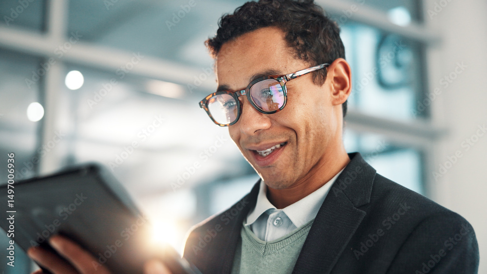 Poster smile, businessman and tablet in office for reading email, research or insurance update for policy. 