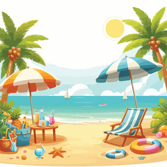 Bright and cheerful summer vacation vector design featuring tropical elements like palm trees, beach umbrellas, surfboards, sun hats, and waves. Ideal for travel posters, holiday promotions, and summe