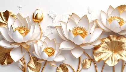 Golden lotus flower in bloom, a beautiful white and gold floral plant close-up
