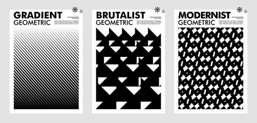 Set modernism art trendy posters, artwork in minimalism and brutalism style, abstract geometric postmodern composition, vector simple shapes print graphic in Y2K aesthetics