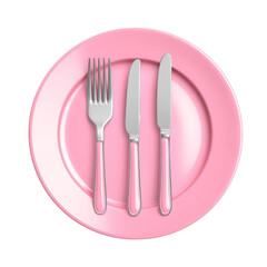 Shiny pink plate with silverware set creates an elegant table setting