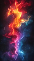 A vibrant, vertical nebula-like formation with swirling, multicolored gases resembling a fiery, ethereal creature against a dark, starry backdrop