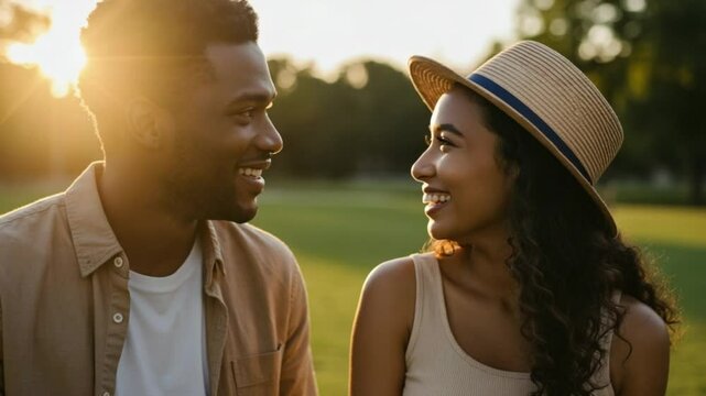 Happy Couple Enjoying Romantic Sunset Moment in Park