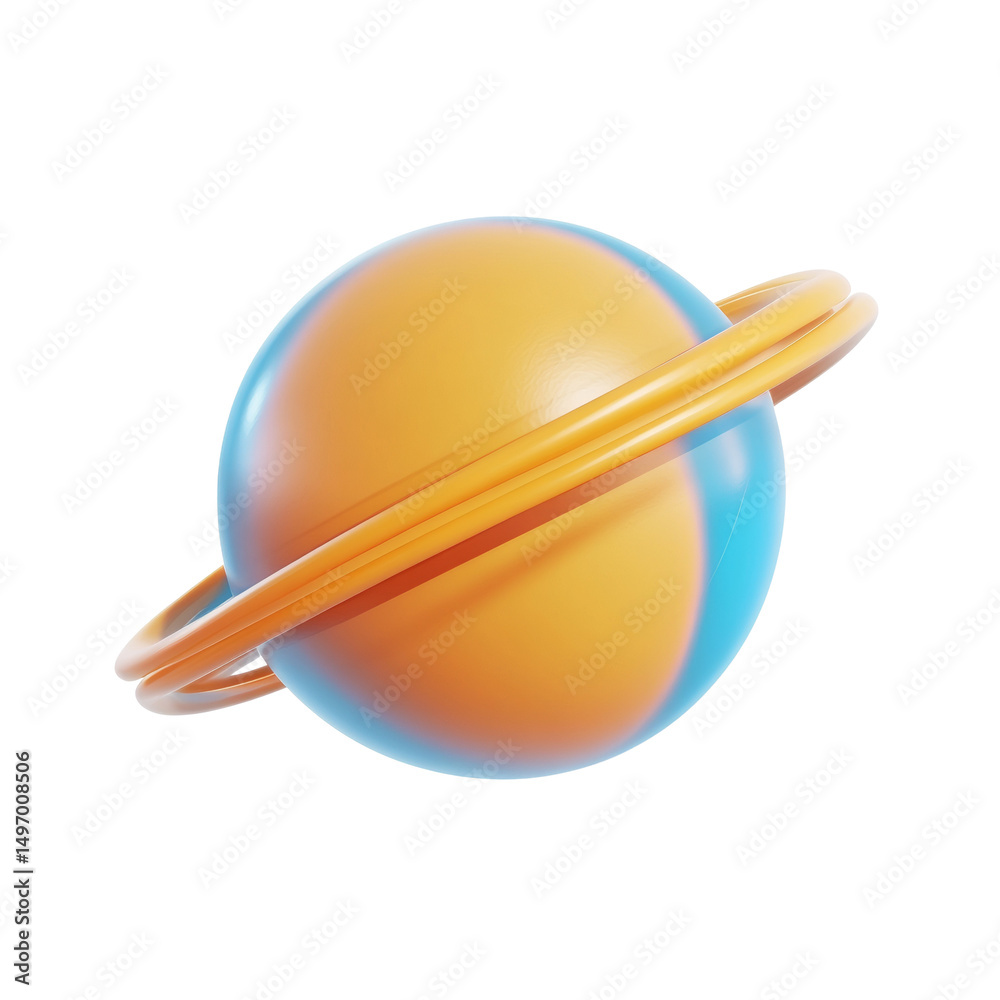 Poster Whimsical 3D rendering of a planet with rings orbiting it in orange and blue
