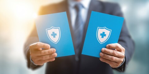Individual holding health insurance cards outdoors in a professional setting during the day