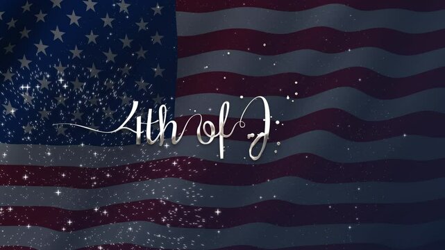 4th of July greeting animation, lettering text with waving USA flag background and fireworks splash, Happy Independence Day united states of america concept, for banner, feed, stories