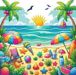 Bright and cheerful summer vacation vector design featuring tropical elements like palm trees, beach umbrellas, surfboards, sun hats, and waves. Ideal for travel posters, holiday promotions, and summe