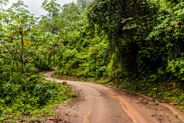 Unpaved 5NA road between Codo de Pozuzo and Pozuzo in Pozuzo river valley, Peru