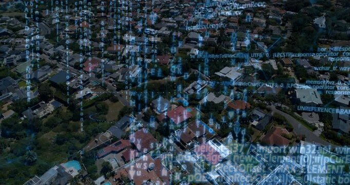 Overlay dropping code streams over roofs, intensifying clusters tracing roads, mapping coastline