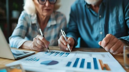 Elderly couple analyzing financial charts and graphs with focused expressions, teamwork, and collaboration in business planning and analysis - Powered by Adobe