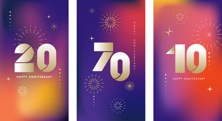 Modern anniversary celebration cards with colorful gradient background
