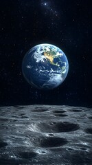 Earth's globe viewed from a cratered lunar surface against a starlit backdrop