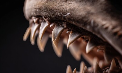 Makroaufnahme Haigebiss, scharfe Z&auml;hne, dunkler Hintergrund