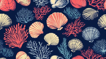 43.Marine life illustration pattern vector coral, shell, scallop, starfish, deep sea background layout silhouette printable