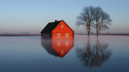 Obraz premium A red log cabin, partially submerged in calm, misty floodwaters at dawn, is reflected perfectly, with leafless trees in the background