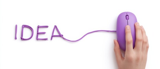 Hand holding purple computer mouse connected to word idea made of wire on white background
