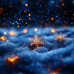 Golden snowflake in snowy night, bokeh lights. Holiday card