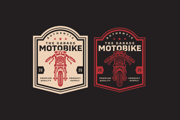 motorcycle front view retro badge logo vector design set for garage, workshop, racing. drag race motorbike vintage emblem logo graphic collections. classic motorcycle illustration element designs