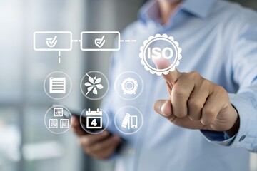 ISO certification and quality assurance standard concept. Businesswoman pointing at ISO certification icons, symbolizing global standards, compliance, excellence across operations, certified quality,