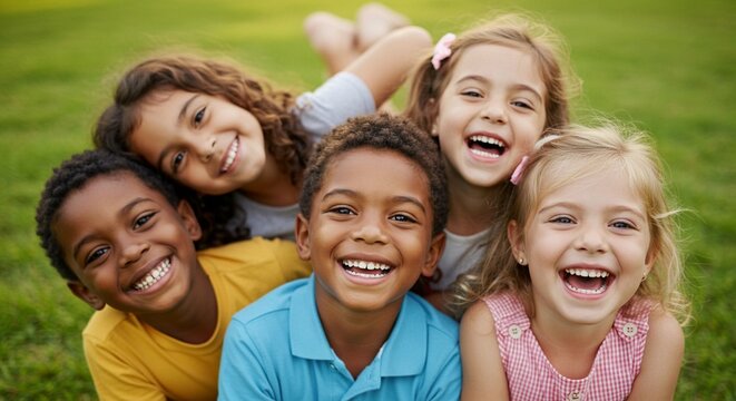 Group of diverse boys and girls children outdoor. Kids look at camera and smiling. Weekend in park. Concept of happy childhood on nature and diverse friendship unity