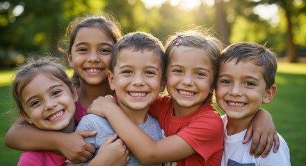 Obraz premium Group of smiling children hugging and look at camera. Happy boys and girls of diverse ethnicities walk together. Concept of resting, leisure, friendship in outdoor environment