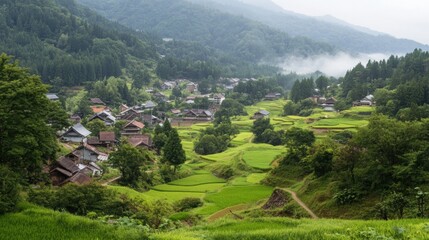 Terraced Rice Fields and Traditional Houses in a Mountain Valley Landscape