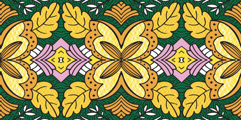 African ethnic traditional green pattern. seamless beautiful Kitenge, chitenge,Ankara style. fashion design in colorful. Geometric flower abstract motif. Floral Ankara prints, African wax prints