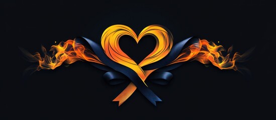 Passionate ribbons intertwine to create a golden heart, flames of love bloom