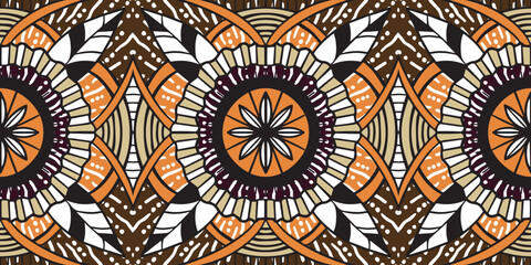 African ethnic traditional orange color pattern. seamless beautiful Kitenge, chitenge style. fashion design in brown. Geometric circle abstract motif.Botanical Floral Ankara prints,African wax prints.