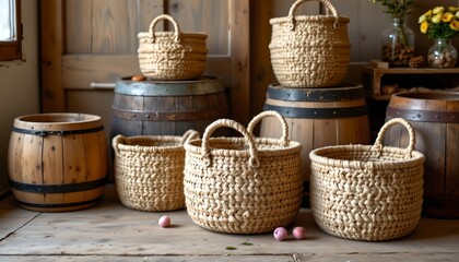 Fototapeta premium a rustic setting with several woven baskets, each varying in size and design, placed on wooden surfaces, possibly tables or barrel
