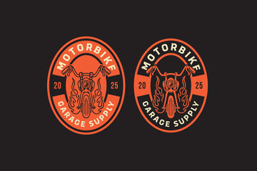 chopper motorcycle with fire front view retro badge logo vector design set for garage, workshop, racing. motorbike vintage emblem logo graphic collections. motor vehicle illustration element designs