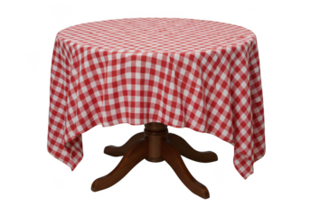 Round table with red checkered tablecloth isolated on transparent background
