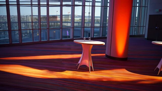 Two white round tables in a brightly lit convention center hallway with colorful floor