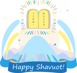 Happy Shavuot greeting card with traditional Jewish Holiday symbols. Torah Two tablets of the testimony with Ten commandments tablets of stone over the Mount Sinai, ribbon, religion elements poster