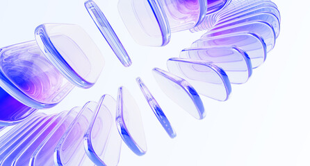 Abstract glass 3d background. Rows of crystal light holographic rectangle plates with rounded corners render. Gradient transparent block shapes. Iridescent curve wave line pattern. 3D illustration