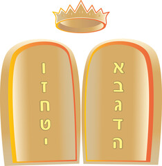 Torah Two tablets of the testimony Ten commandments tablets of stone with gold crown isolated on white background Jewish Holiday Pentecost Shavuot holiday icon religion traditions Passover card