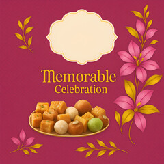A design-oriented graphic displays a variety of Indian sweets (likely mithai) arranged on a circular plate, set against a deep burgundy-red background.  