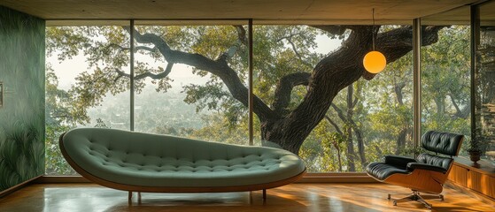 Serene Living Room with Panoramic View: Modern Design Meets Nature's Embrace