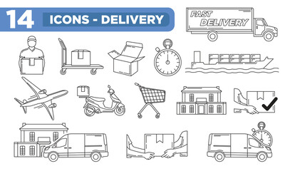 Shipping a set icon with editable stroke. Set of 19 outline icons to Delivery on isolated white background