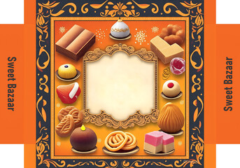 A vibrant graphic design depicts a variety of sweets arranged in a stylized, ornate frame. 