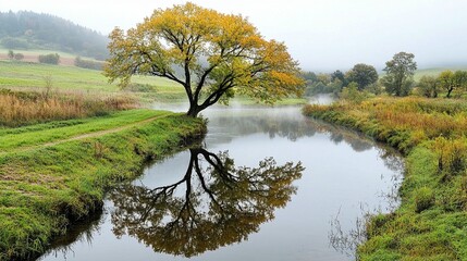 Autumn Tree Reflection in Calm River
