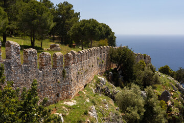 Fototapeta premium Weathered stone wall from an ancient fortress set against a lush green forest, evoking a sense of history, strength, and nature.