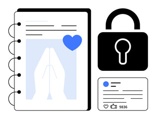 Notebook with praying hands and heart image, lock icon, and social media profile card. Ideal for data protection, privacy, cybersecurity, personal connection, mindfulness, online safety simple