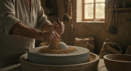 Traditional grain grinding with antique millstone showing historical milling