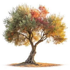 Fototapeta premium A classic illustration of an Olive Tree, showcasing its gnarled trunk and silver-green colorful leaves. Isolated on a white background, this image is perfect for Mediterranean themes, culinary designs